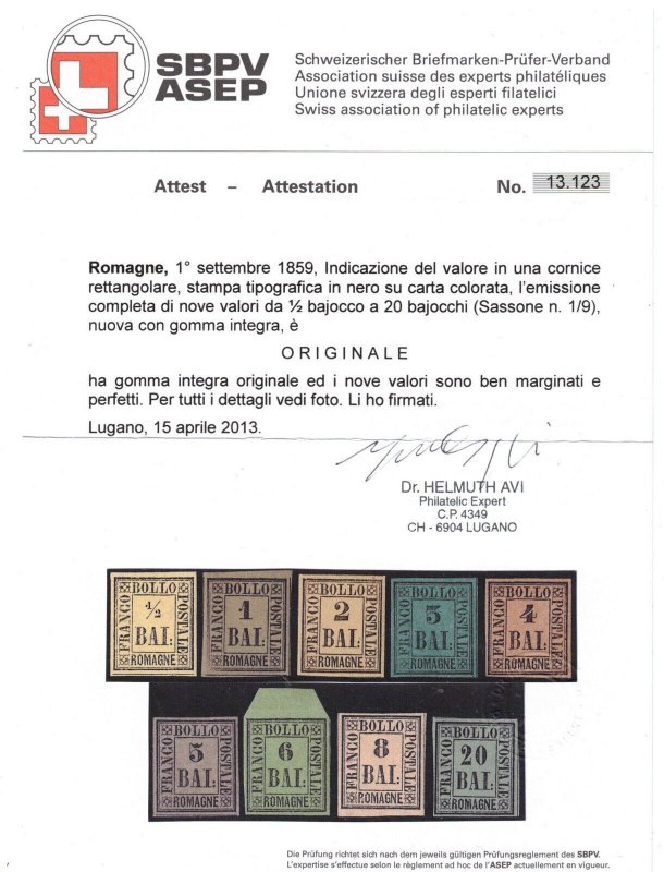 Romagna #1 - #9 Very Fine Never Hinged Rare Set **With Certificate**