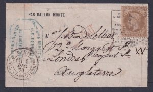 France - 1870 BALLON MONTE Franklin 30c Napoleon Cover to ENGLAND