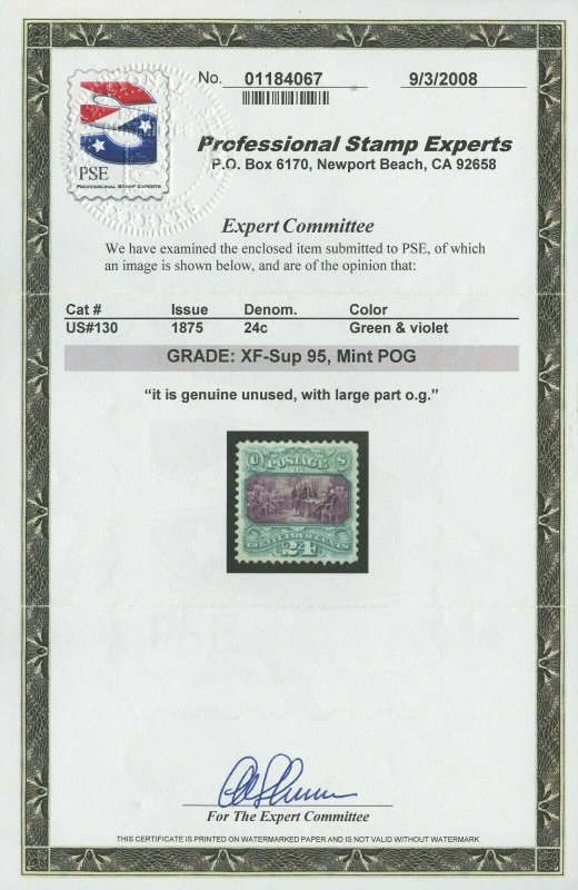 US SCOTT #130, Mint-XF-Sup Part OG Hinged Graded 95 PSE Cert (DFP 3/25/20)