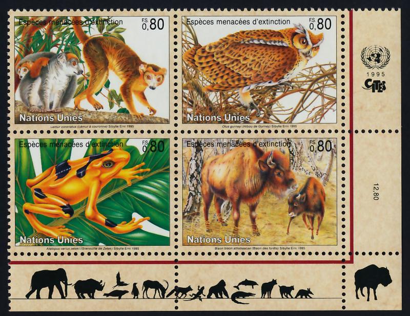 United Nations - Geneva 267a BR Block MNH Lemur, Owl, Frog, Wood Bison