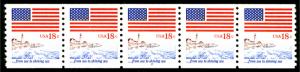 US #1891 SCV $35. 18c Flag, plate 2, XF mint never hinged, strip of 5, BETTER...