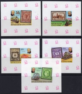 Ivory Coast 1979 Sc#514/518 TRAINS - ROWLAND HILL - STAMPS ON STAMPS 5 DELUXE SS