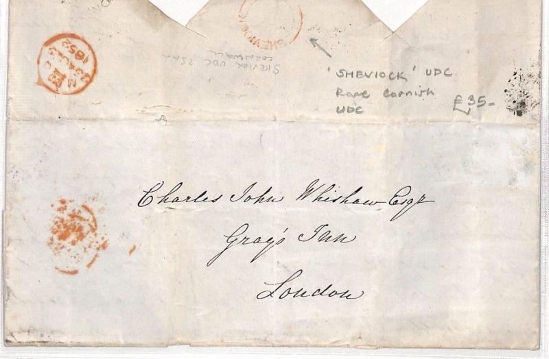 AN16 1852 GB Cornwall *SHEVIOCK* Receiver Cover London RARE UDC {stamp removed}