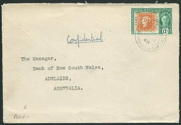 MAURITIUS 1948 12c Centenary with single B perfin on cover to Australia