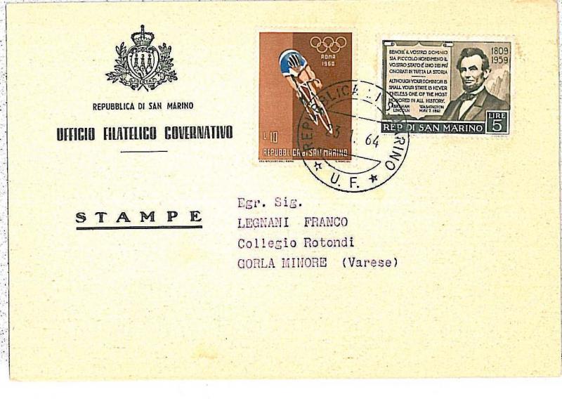 30939 - SAN MARINO - Postal History  -  card 1964 CYCLING   OLYMPIC GAMES