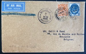 1929 London England First Flight Airmail cover FFC To Bruxelles Belgium