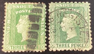 New South Wales #37a-b used 1860 3p yellow green & deep green