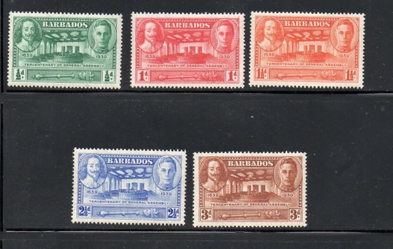 Barbados Sc 202-6 1939 General Assembly 300th  Anniversary stamp set mint