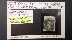 Nova Scotia 1860-1863 Scott# 8a white paper OG Hinged F-VF