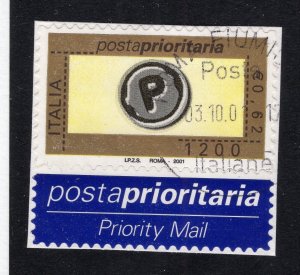 Italy 2001 1200 l Priority with Etiquette, Scott 2393 used, value = $1.00