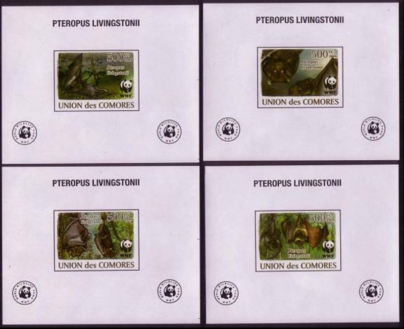 Comoro Is. WWF Livingstone's Fruit Bat 4 Souvenir Sheets imperforated