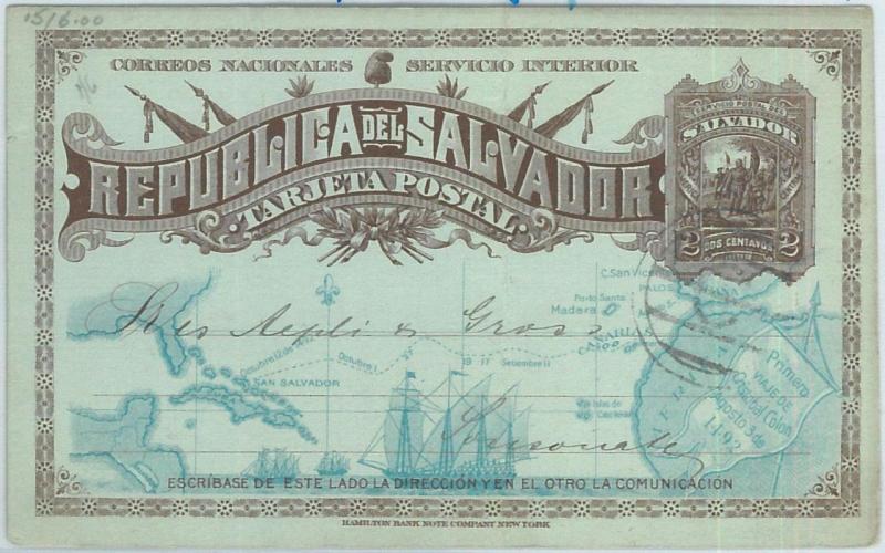 69352 - SALVADOR - POSTAL HISTORY - STATIONERY CARD 1892 - H&G # 15 INTERNAL USE