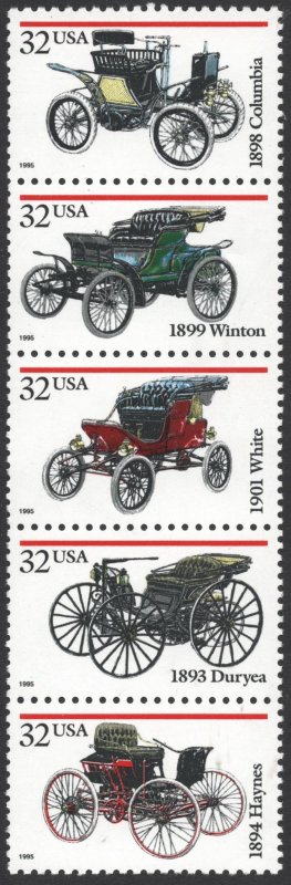 SC#3019-23 32¢ Antique Automobiles Strip of Five (1995) MNH