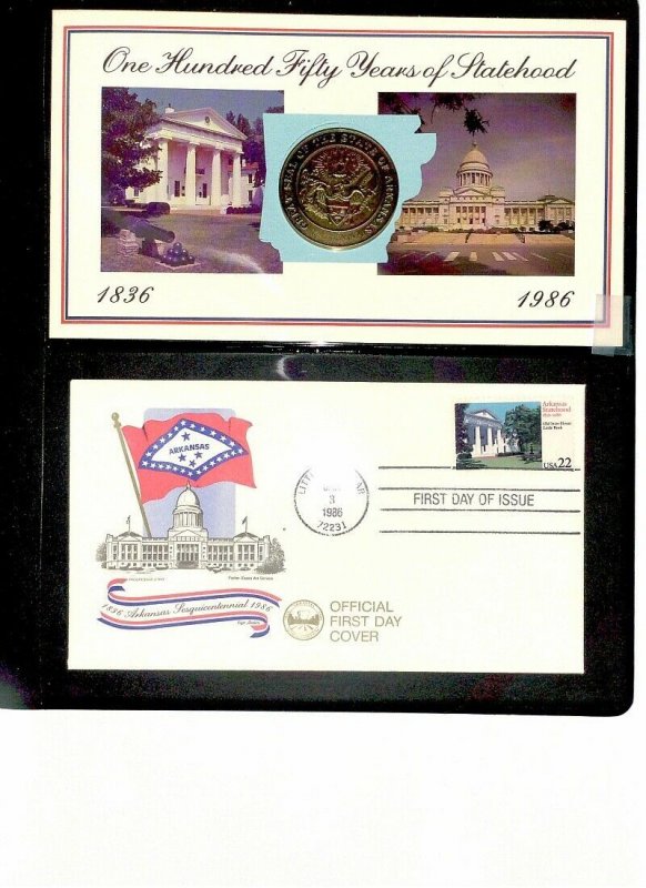 1986 Arkansas Sesqui Sc 2167 Erga cachet & bronze medal, blue folio