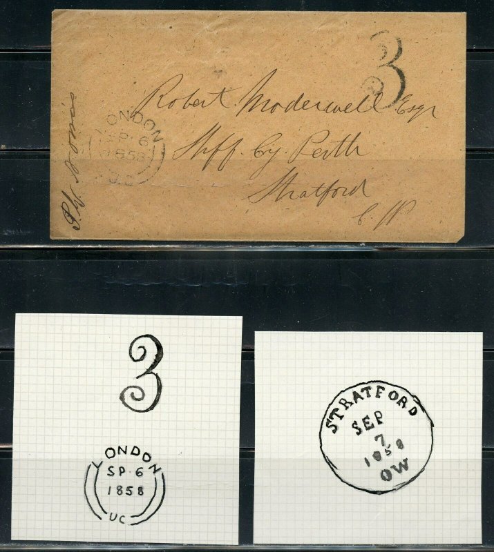 GREAT BRITAN  SEP 6 1858  3 STAMPLESS COVER TO STRATFORD SEP 7, 1858  