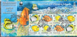 Pitcairn Islands #705a-705d  Reef Fish sheet of 8 on cover  (FDC)  CV $20.00