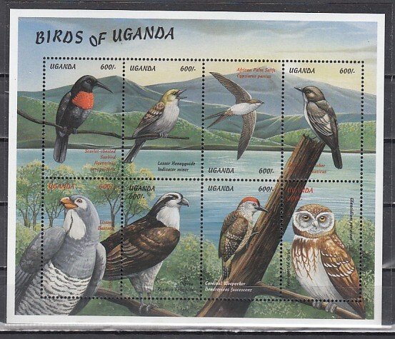 Uganda, Scott cat. 1616 a-h. Birds and Owl sheet. ^