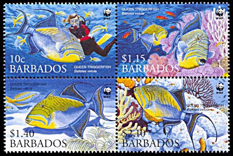 Barbados 1102-1105, MNH, Queen Triggerfish, WWF, World Wildlife Fund