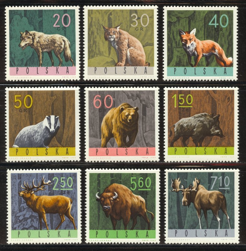 Poland Scott 1369-77 MNHOG - 1965 Native Wildlife Set - SCV $4.25