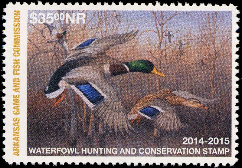 ARKANSAS #34A 2014 NON-RESIDENT STATE DUCK  STAMP  MALLARDS by Jim Hautman