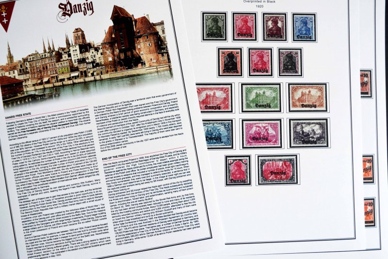 COLOR PRINTED DANZIG / GDANSK 1920-1939 STAMP ALBUM PAGES (45 illustrated pages)