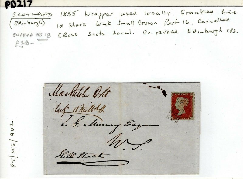 GB Scotland Super SG.18 Cover *CROSS* Scots Local Edinburgh 1d Red 1855 PD217 