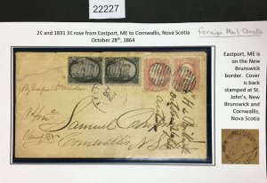 MOMEN: US STAMPS # 65, 73 PAIRS ON COVER USED TO CANADA LOT #22227