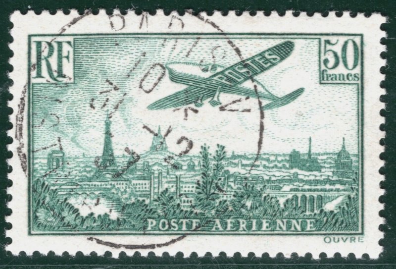 FRANCE Air Mail ScottC14a 50Fr Deep Green (1936) High Value CDS Used c$525+ SBG7