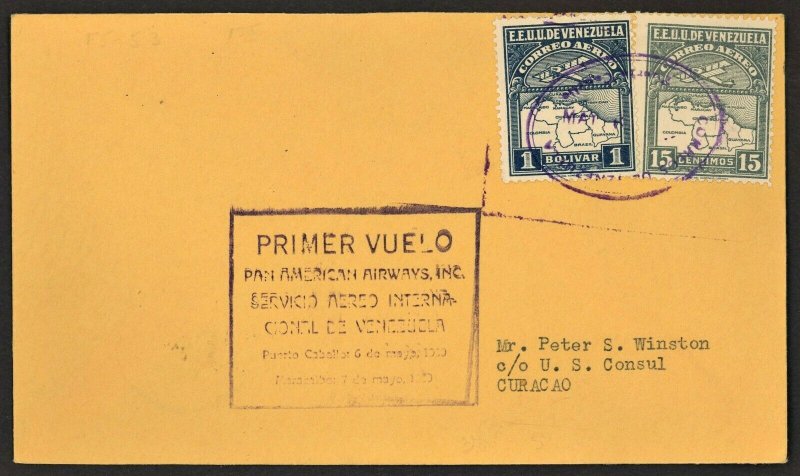 1930 Puerto Cabello Venezuela First Flight Airmail FFC to Curacao PAA