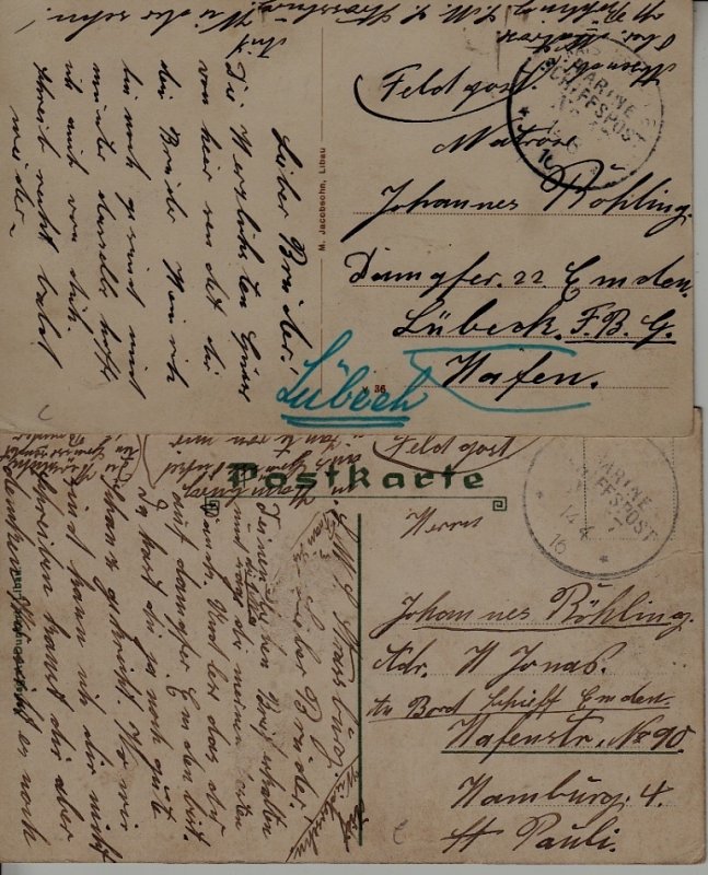 Latvia/Germany 2 cards Marine Schiffspost 1916  Libau