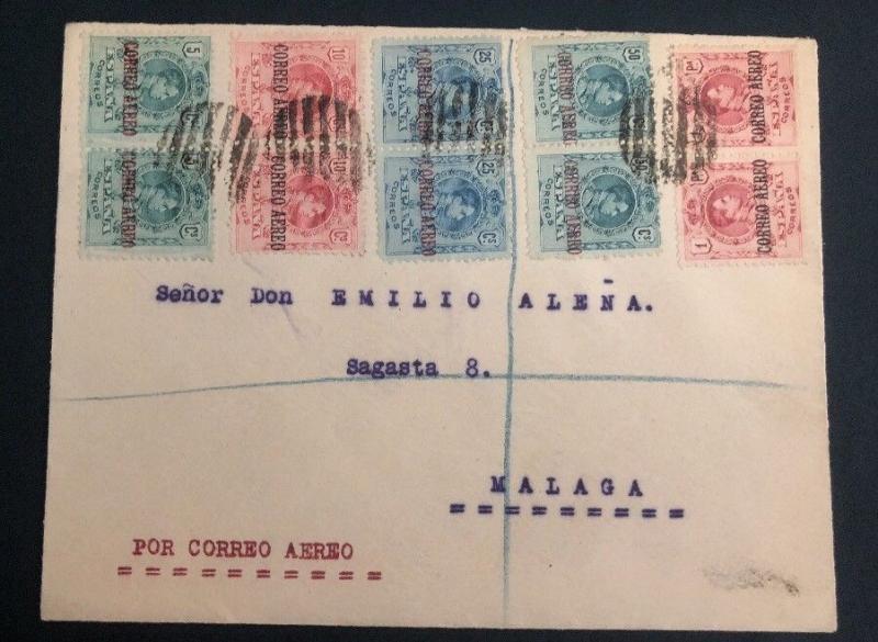 1920 Spain Early Airmail Cover To Malaga Overprinted Stamps