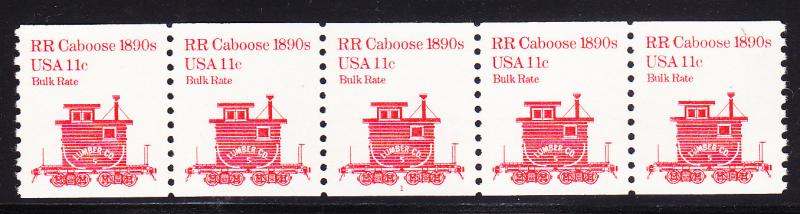 RR Caboose 1890's  11c Bulk Rate Plate Number Strip of 5.  Nr.-1 VF/NH