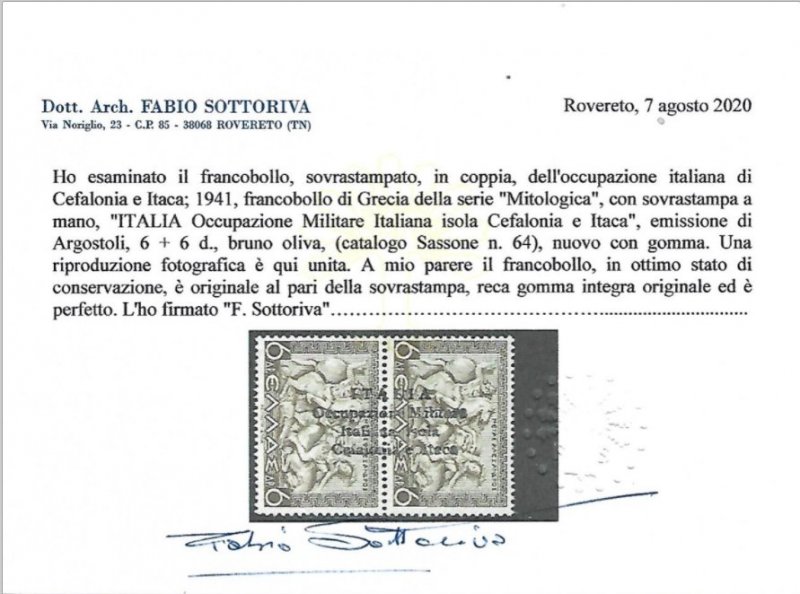 ITALY CEFALONIA OCC. AGROSTOLI Ov. cv 2840$ MNH** Certificate Sottoriva Sass 18