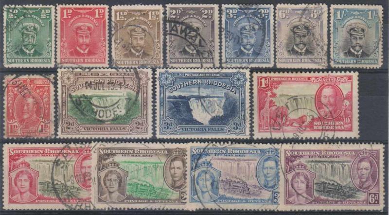 BC SOUTHERN RHODESIA 1924-37 Sc 1 thru 41 USED GROUP OF 15 STAMPS VF SCV$43+