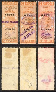 Ceylon Foreign Bill BF46 60c on 3r orange 1st 2nd and 3rd Exchange RARE