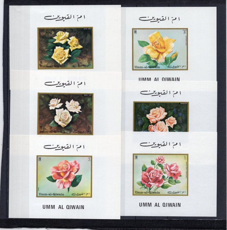 UMM AL QIWAIN 1972 FLOWERS/ROSES SET OF 6 DELUXE S/S MNH