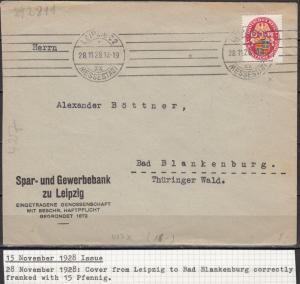 Germany - 28.11.1928 15pf Arms as single franking on cover Blankenburg  (1937)