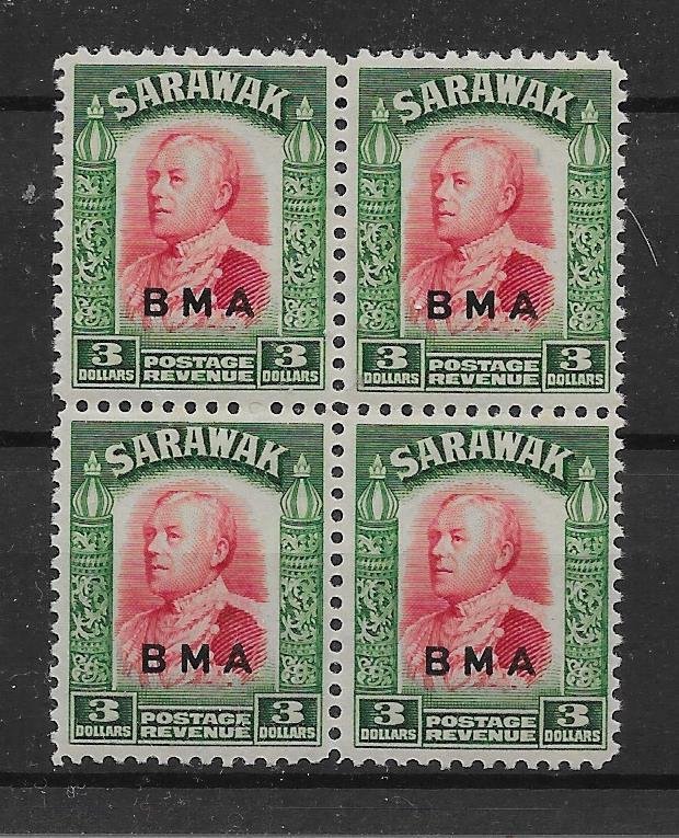 SARAWAK SG142 1945 BMA $3 CARMINE & GREEN MNH BLK OF 4