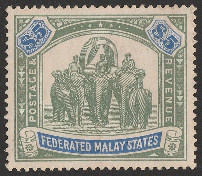 FEDERATED MALAY STATES 1922 Elephants $5 green & blue, wmk script.  