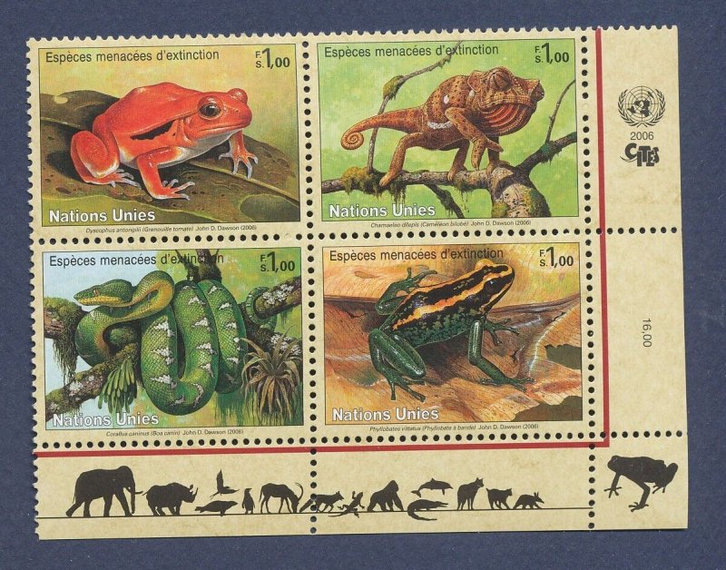 UNITED NATIONS GENEVA - Sc  453-456a  -  MNH inscrip block - frog, lizard, snake