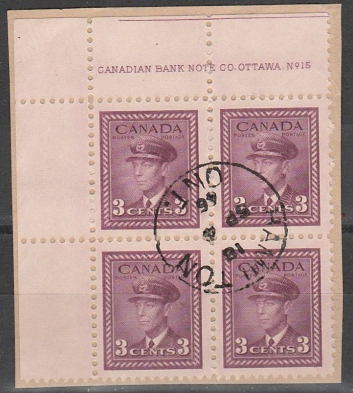 #252 Canada Plate Block #15  UL on paper