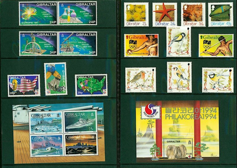 Gibraltar 1994 Commemorative Stamps Issue Collection in folder UM Stamps 