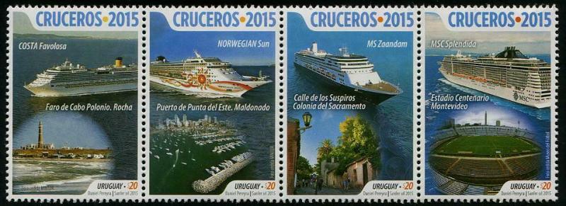 HERRICKSTAMP NEW ISSUES URUGUAY Sc.# 2535 Cruise Ships 2015 Strip of 4