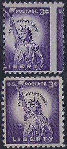 1035 - 3c Vertical Misperf Error / EFO Statue of Liberty Mint NH