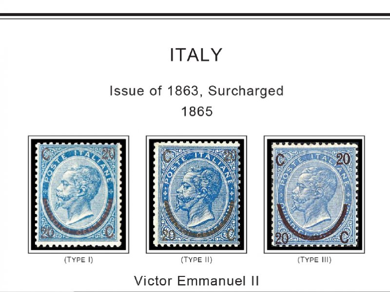 COLOR PRINTED ITALY [KINGDOM] 1862-1944 STAMP ALBUM PAGES (32 illustrated pages)