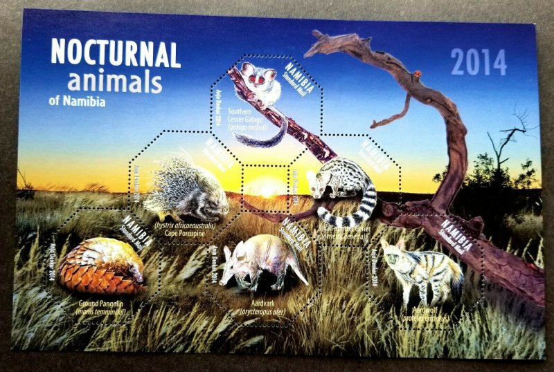 *FREE SHIP Namibia Nocturnal Animals 2014 Wildlife (ms) MNH *odd shape *unusual 