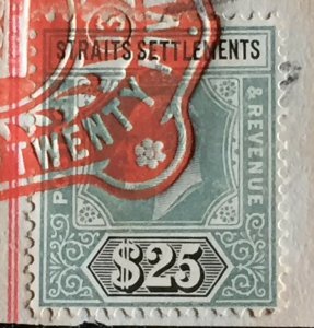 MALAYA STRAITS SETTLEMENTS 1906 KEVII FISCAL REVENUE $25 Used SG#139 M3264