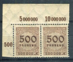 GERMANY; 1923 Aug-Oct Inflation Surcharged MINT MNH 500T. Pair SHEET MARGINAL