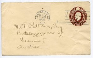 GB 1922 1 1/2d Postal Stationery Envelope Size E From London to Austria