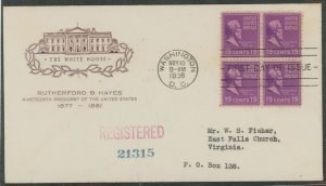 US 824 (1938) 19c Rutherford B Hayes(part of the Presidential/Prexy series) block of four on an addressed (typed) First Day Cove